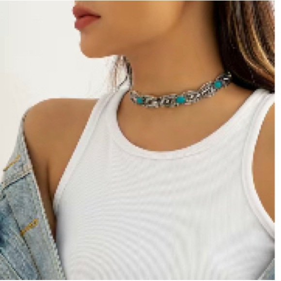 Turquoise Neck Choker Necklace Silvery - Picture 1 of 5